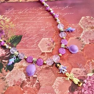 Vintage Polly Pocket Jasmine and Aladdin Doll Pendant Purple Beaded Necklace